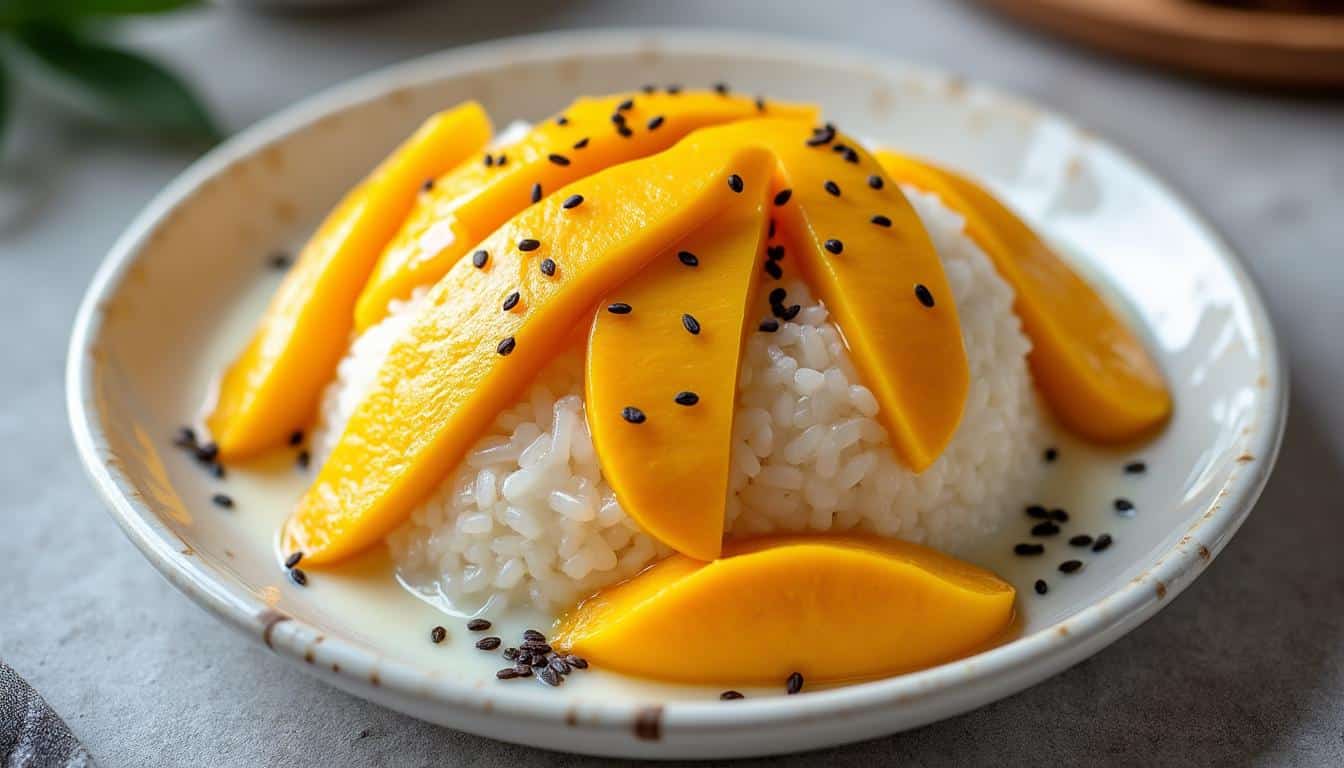 découvrez le mango sticky rice, un dessert thaïlandais incontournable à base de riz gluant, lait de coco et mangue fraîche. un délice exotique à savourer absolument !