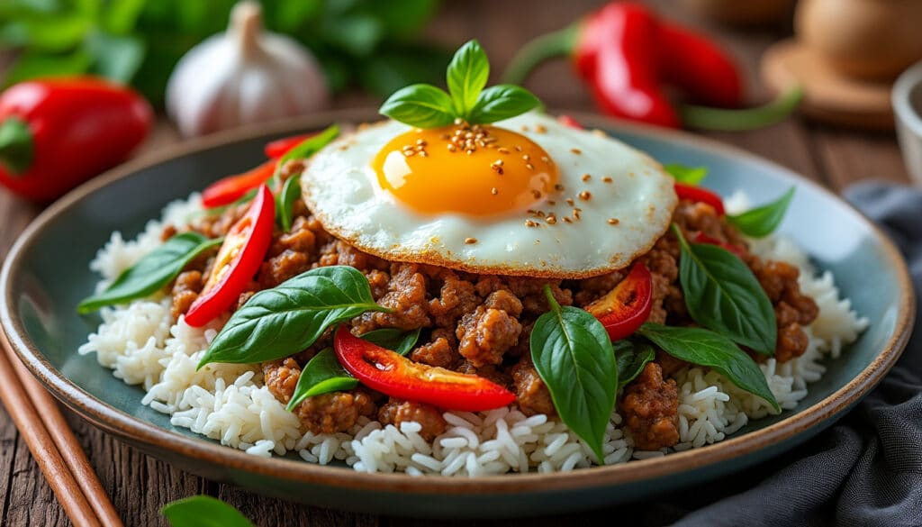 découvrez le pad kra pao, un plat thaïlandais emblématique à base de basilic sacré, de viande sautée et d’épices, parfait pour savourer toute l’authenticité de la cuisine thaïlandaise.