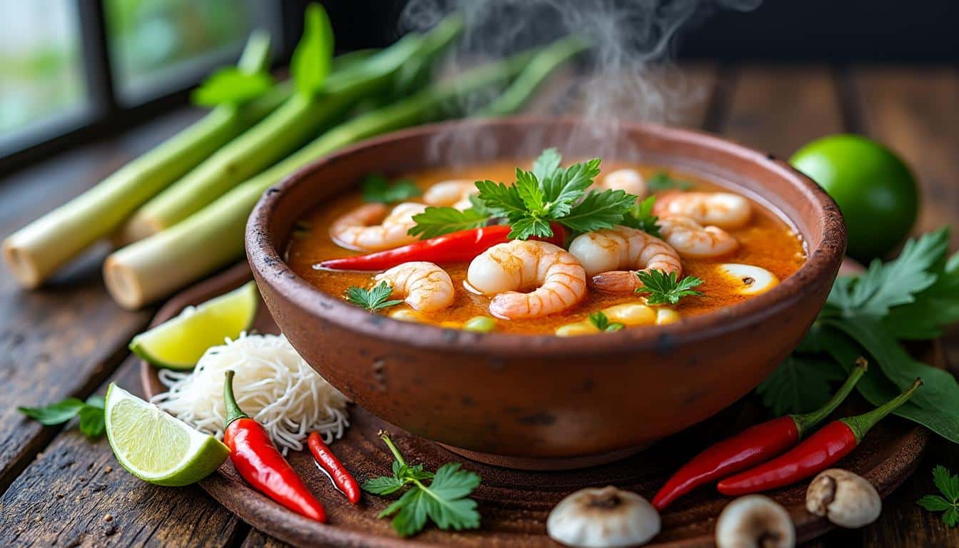 découvrez la soupe tom yum, un délice acidulé et épicé qui réchauffe le cœur. parfaite pour une pause gourmande pleine de saveurs authentiques.