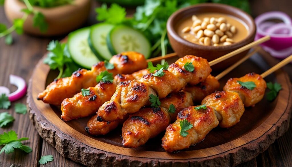 découvrez notre recette facile des brochettes satay thaïlandaises, marinées dans une sauce savoureuse aux épices et accompagnées d'une sauce aux cacahuètes délicieuse.