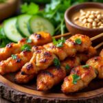 découvrez notre recette facile des brochettes satay thaïlandaises, marinées dans une sauce savoureuse aux épices et accompagnées d'une sauce aux cacahuètes délicieuse.