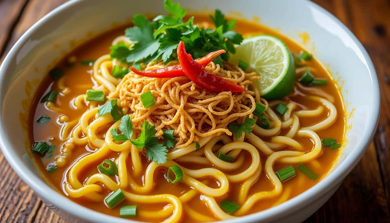 découvrez la recette authentique du khao soi, un plat traditionnel du nord de la thaïlande, riche en saveurs et en épices, parfait pour un voyage culinaire exotique.