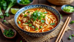 découvrez la recette authentique du khao soi, une spécialité savoureuse du nord de la thaïlande, mêlant nouilles, curry crémeux et épices traditionnelles.
