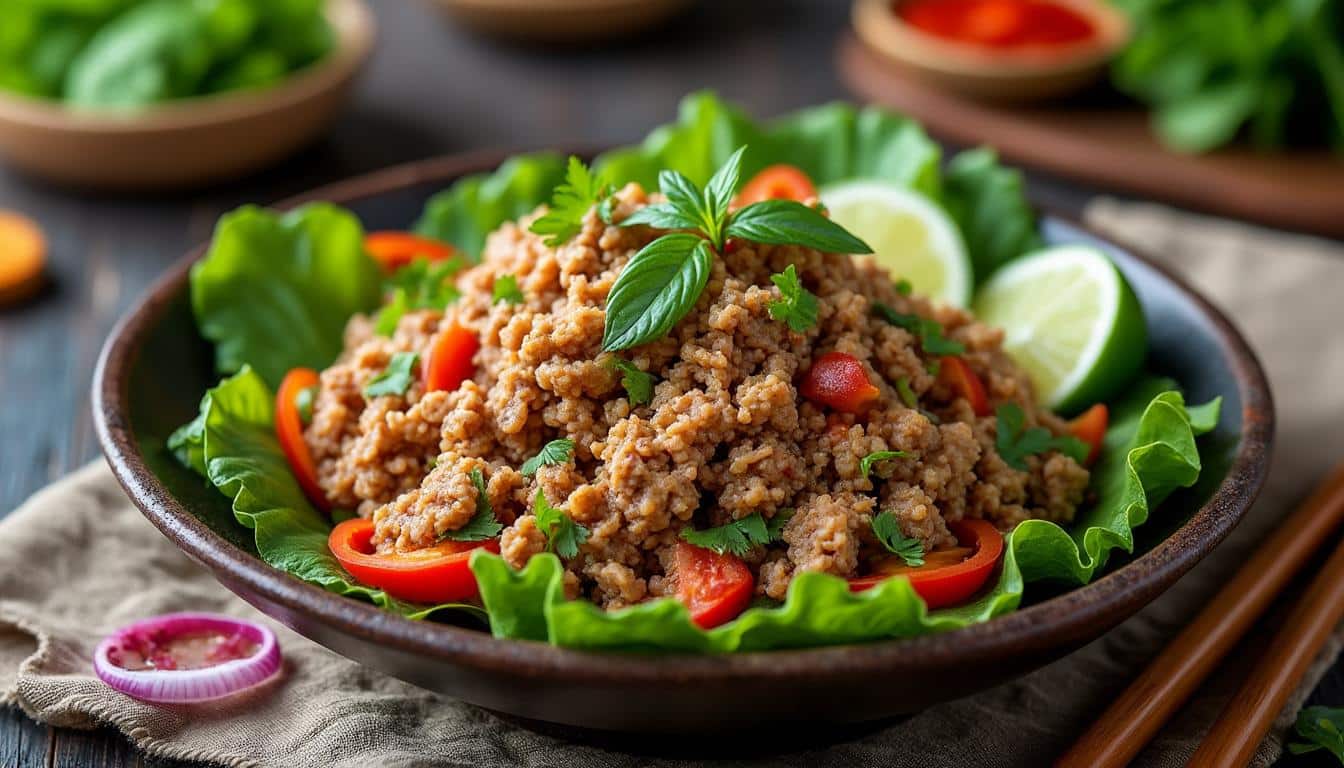 découvrez la recette traditionnelle du laab, une salade savoureuse à base de viande hachée assaisonnée avec des herbes fraîches et des épices, parfaite pour un plat thaïlandais authentique.