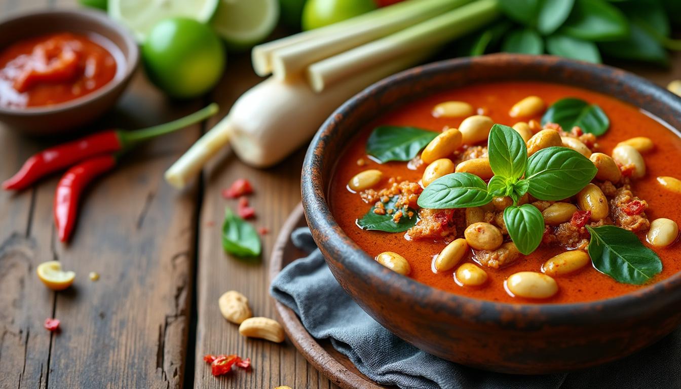 découvrez la recette authentique du curry panang thaïlandais, un plat riche en saveurs avec une sauce crémeuse au lait de coco et des épices traditionnelles.